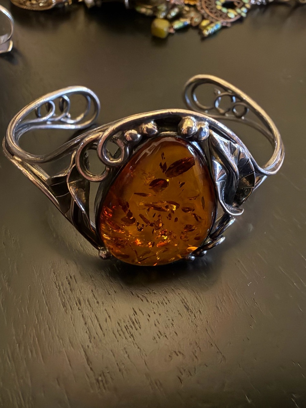 Vintage 925 Sterling Silver Baltic Amber Cuff Bracelet Art Nouveau Leaf